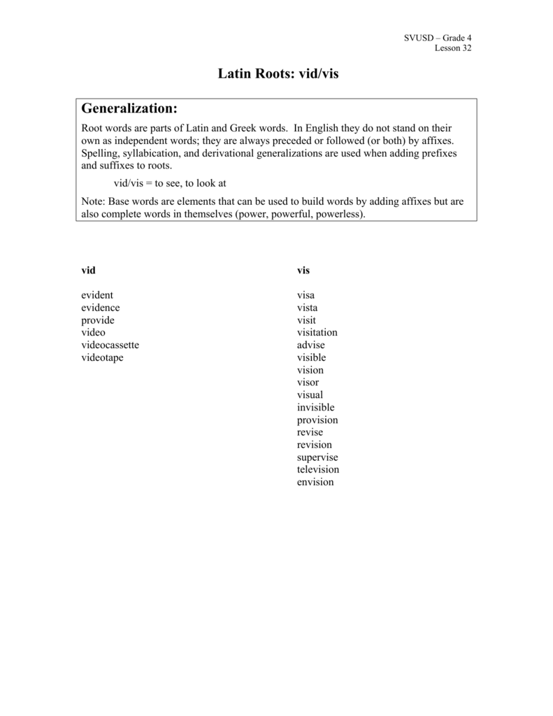 Latin Roots Vid vis Grade 4 Vocabulary Lesson