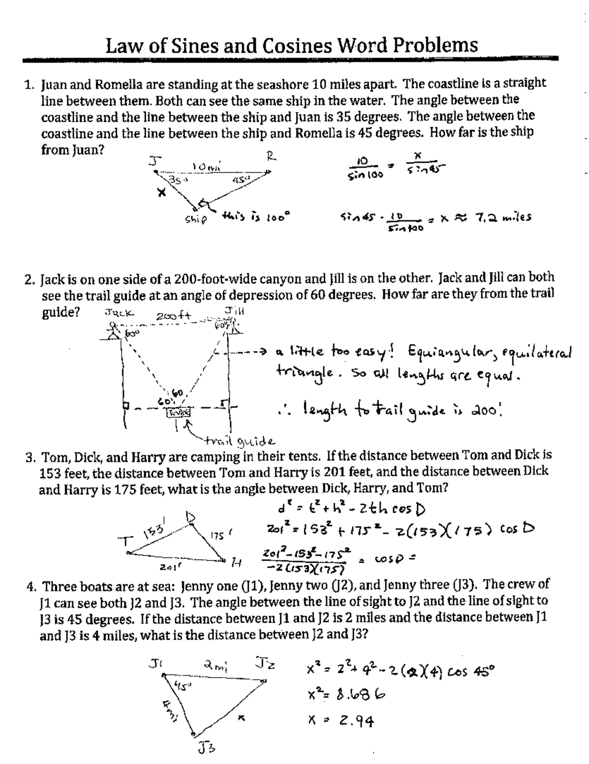 Law Of Sines Cosines Word Problems Worksheet 2 Answer Key Studocu