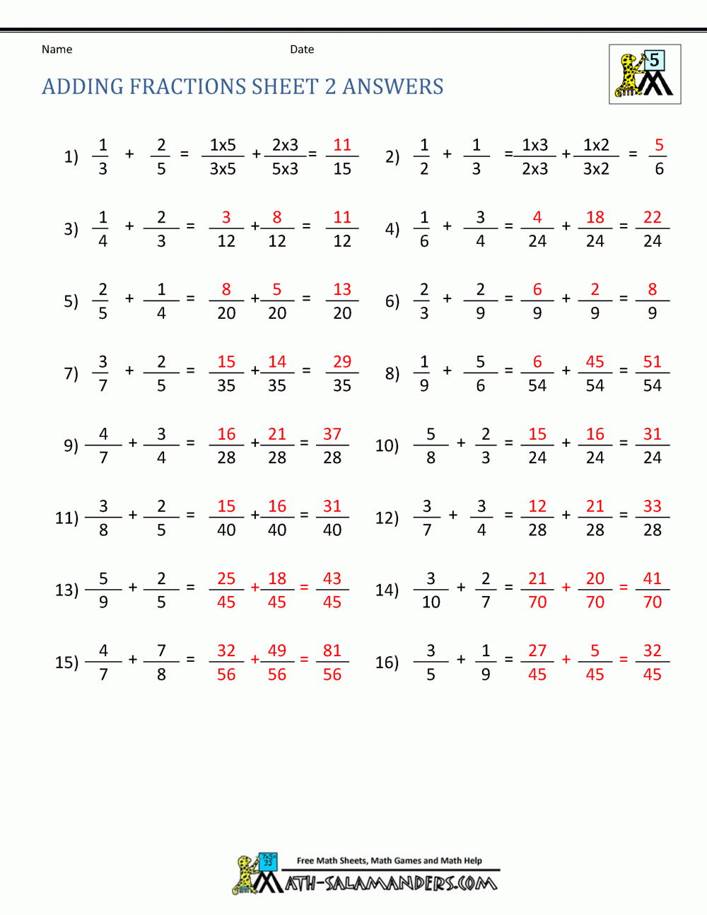 adding and subtracting fractions worksheet