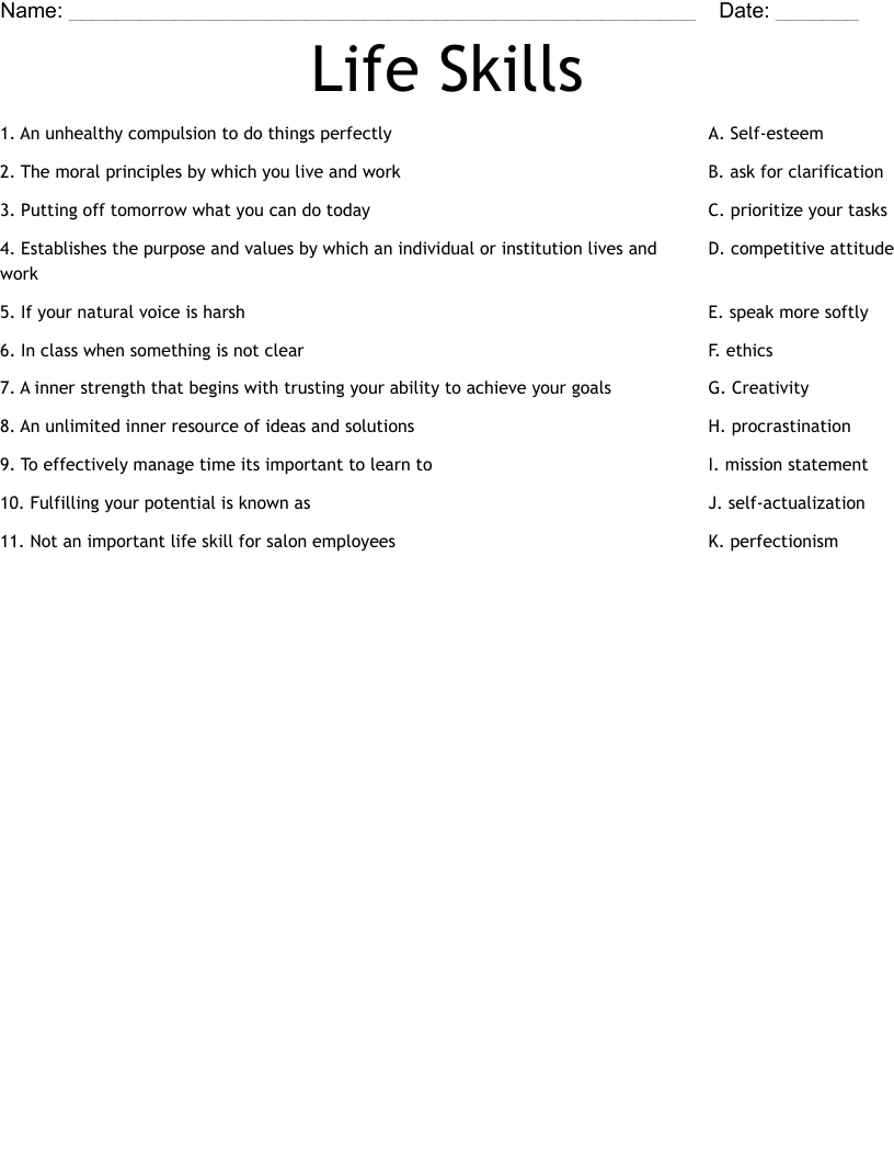 Life Skills Worksheet WordMint