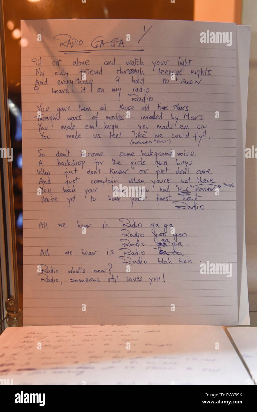 London UK 18 October 2018 Roger Taylor s Handwritten Song Lyrics To Radio Ga Ga On Display At The Queen Pop up Shop Which Has Opened In Carnaby Street Coinciding With The Release Next