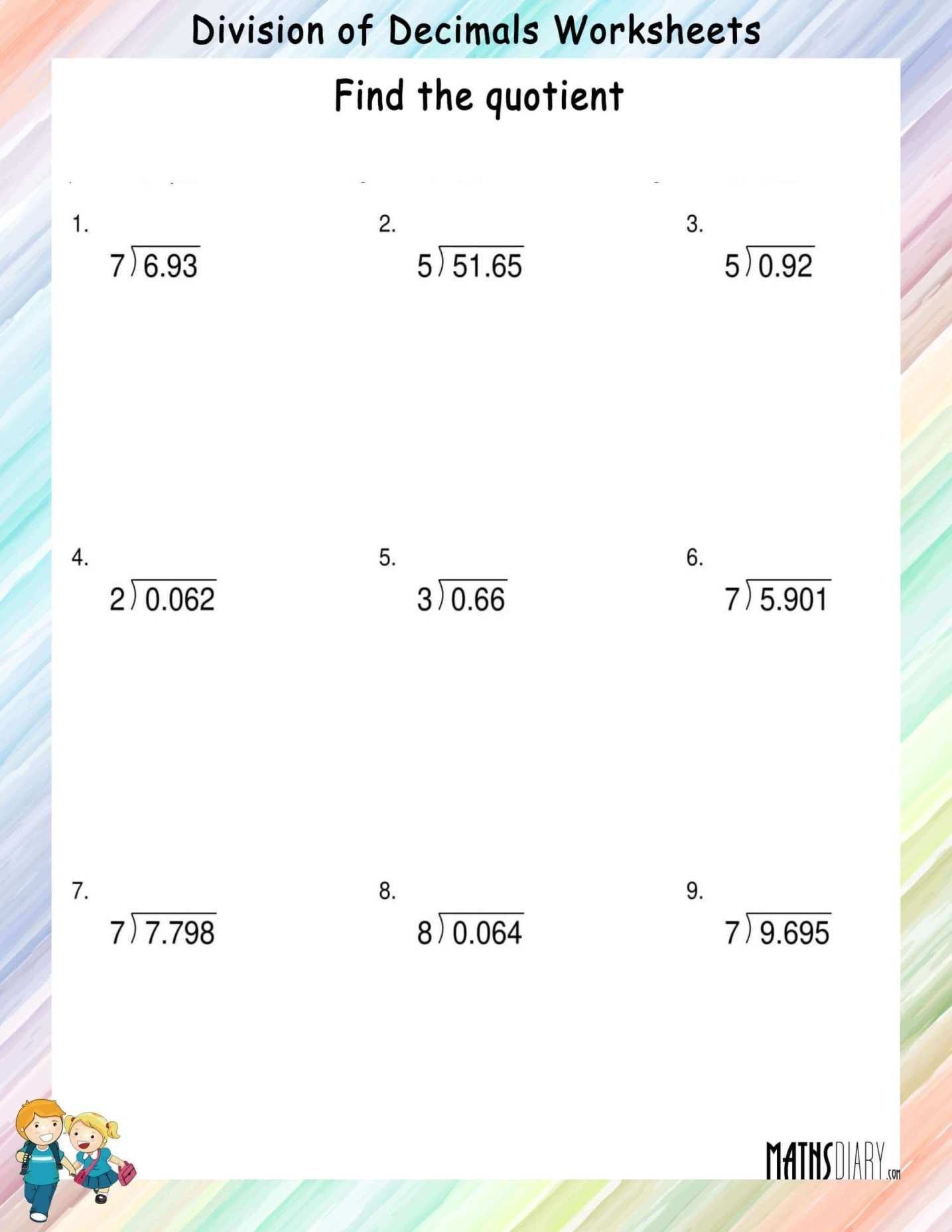 Long Division Of Decimal Numbers By Whole Numbers Math Worksheets MathsDiary