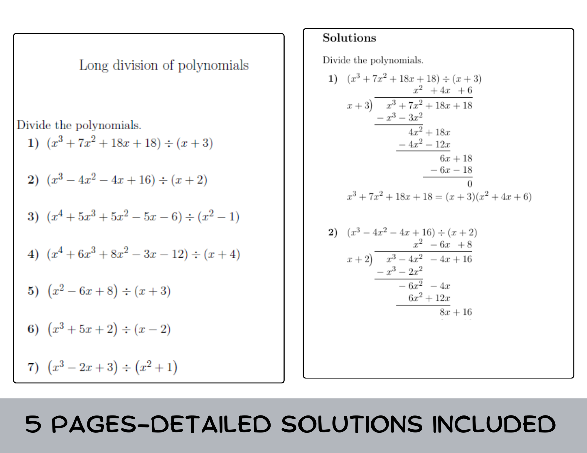 Long Division Of Polynomials Worksheet with Solutions Teaching Resources