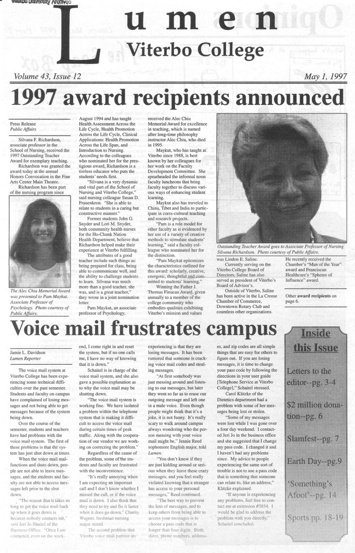 Lumen Lumen Newspaper Viterbo University Digital Collections