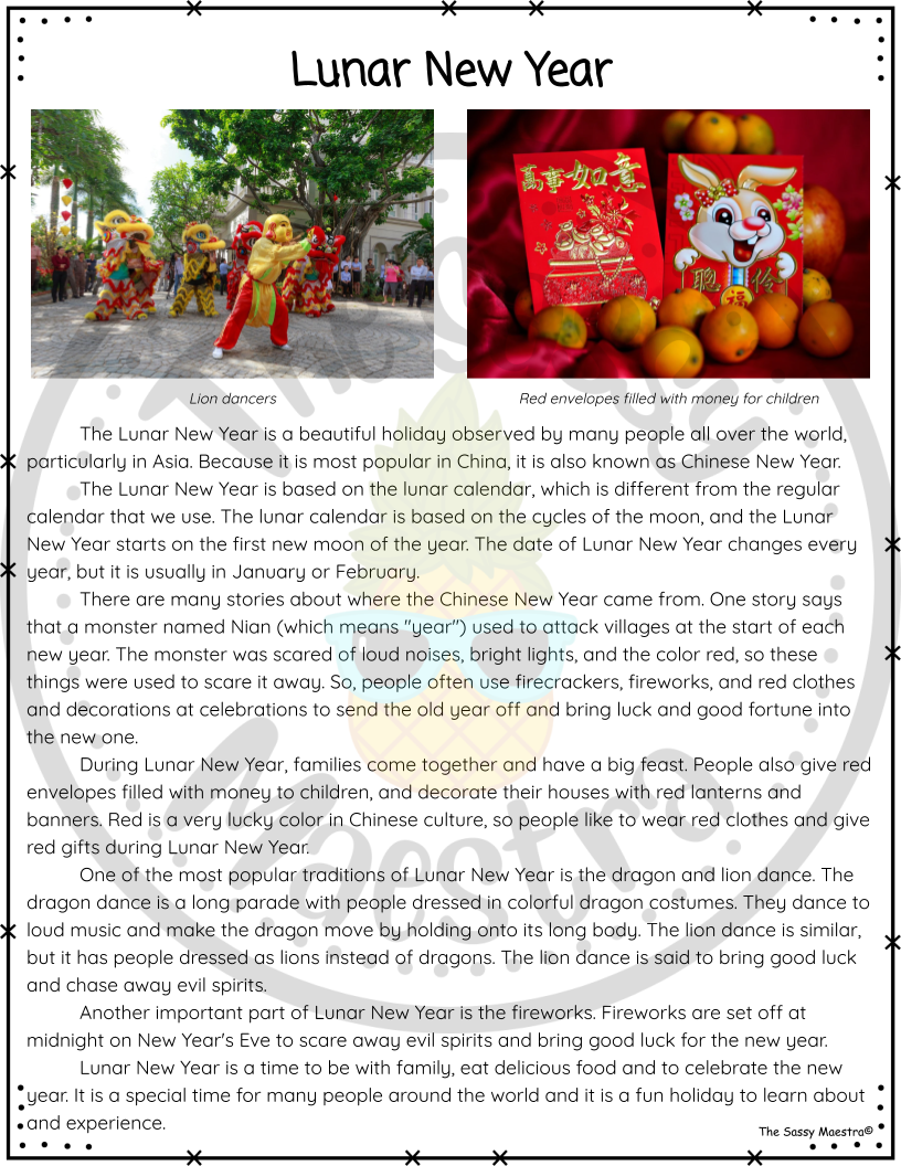 Lunar New Year Chinese New Year Reading Passage Print Digital Classful