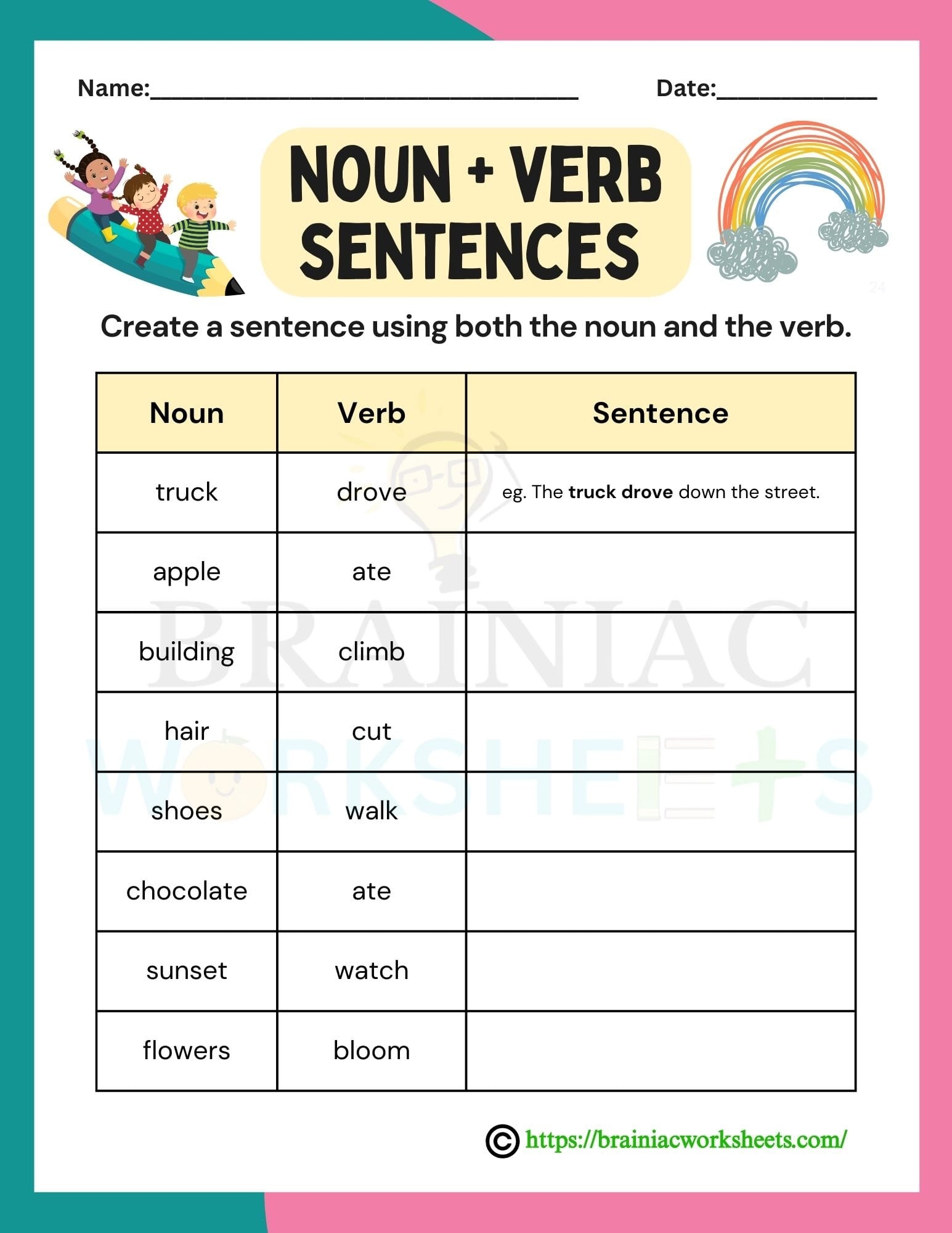 Make Sentences With Nouns And Verbs English Worksheet For Class 3 Brainiac Worksheets
