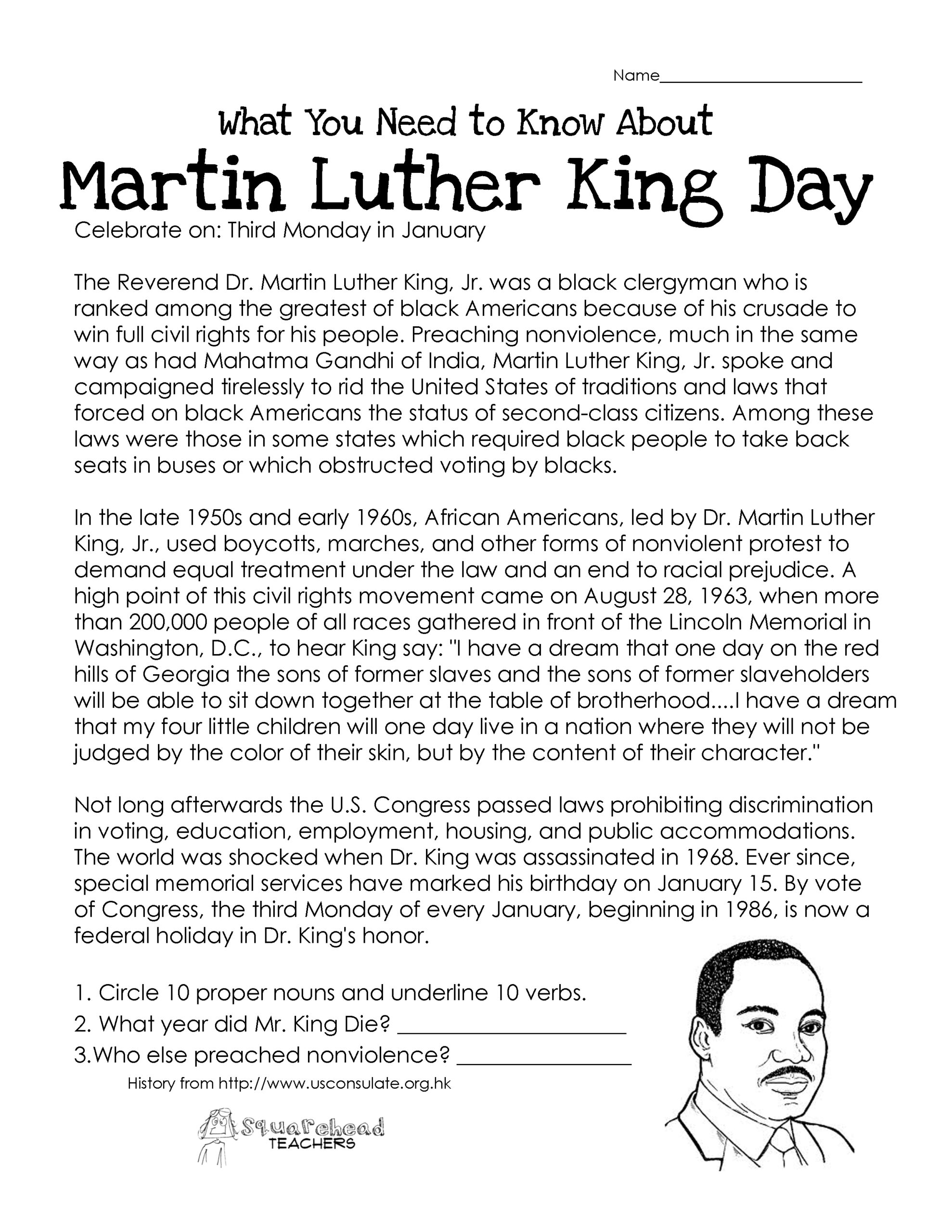 Martin Luther King Day free Worksheet Squarehead Teachers Martin Luther King Day free Worksheet Squarehead Teachers
