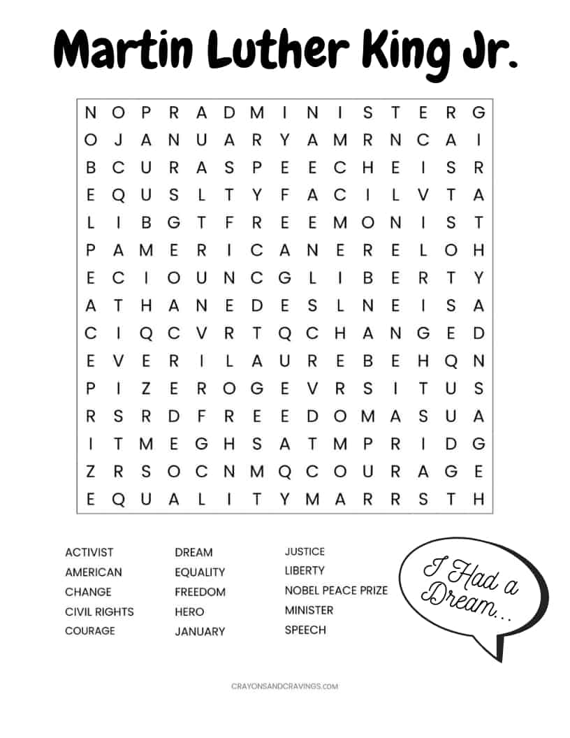 Martin Luther King Jr FREE Printable Word Search Worksheet
