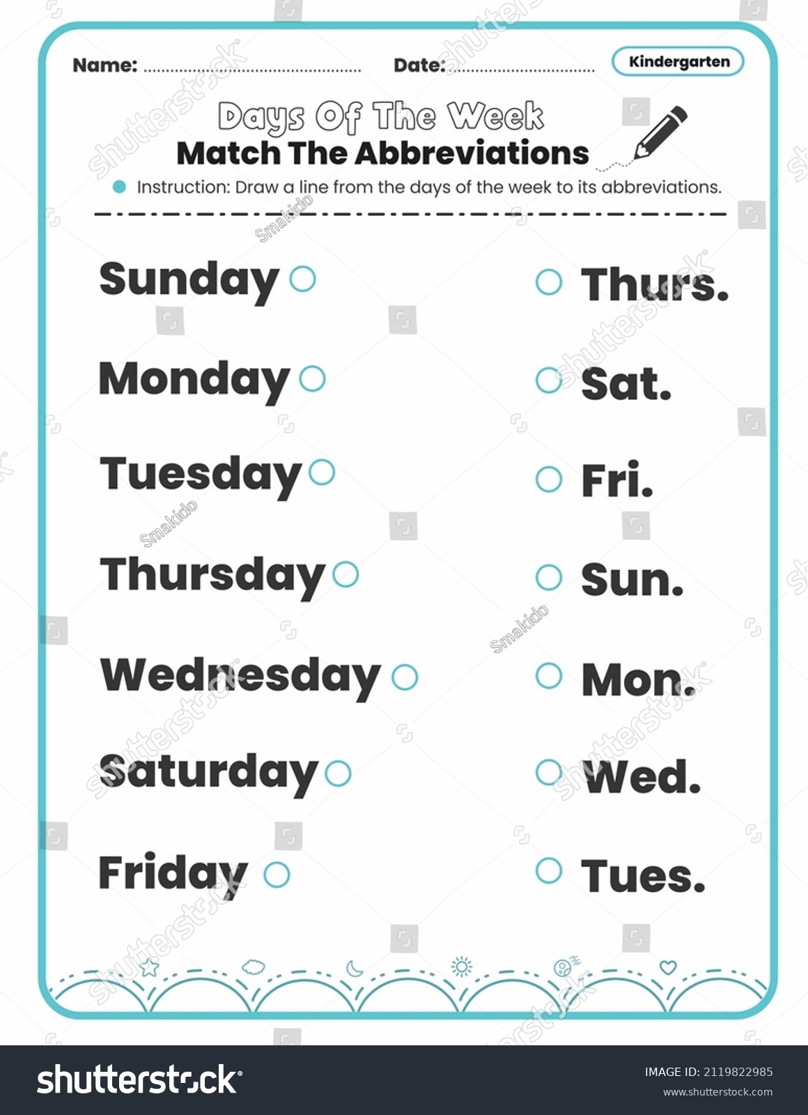 Match Abbreviations Worksheet Days Week Printable Stock Illustration 2119822985 Shutterstock