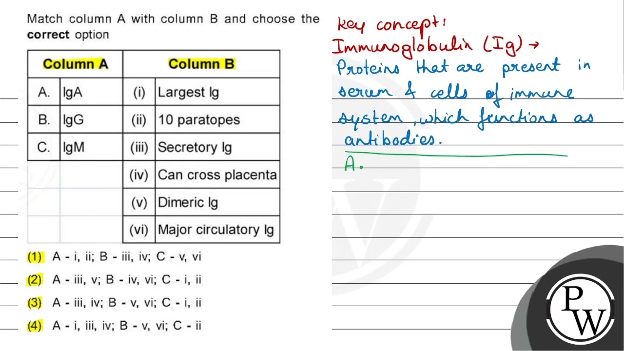 Match Column A With Column B And Choose The Correct Option 1 A I Ii B Iii Iv C V Vi YouTube