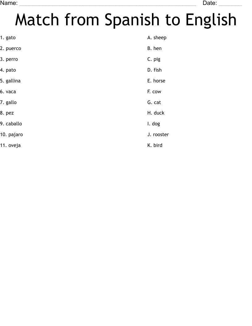 spanish to english worksheets