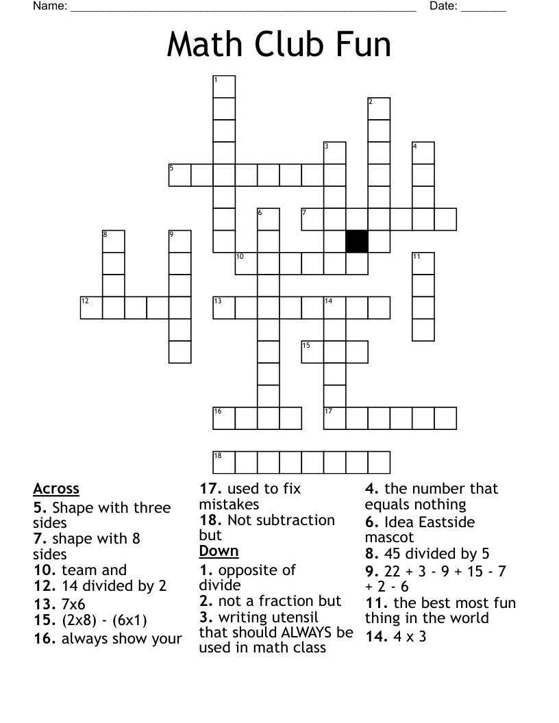 Math Club Fun Crossword WordMint Math Club Fun Crossword WordMint