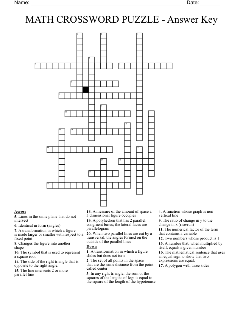 MATH CROSSWORD PUZZLE Answer Key WordMint
