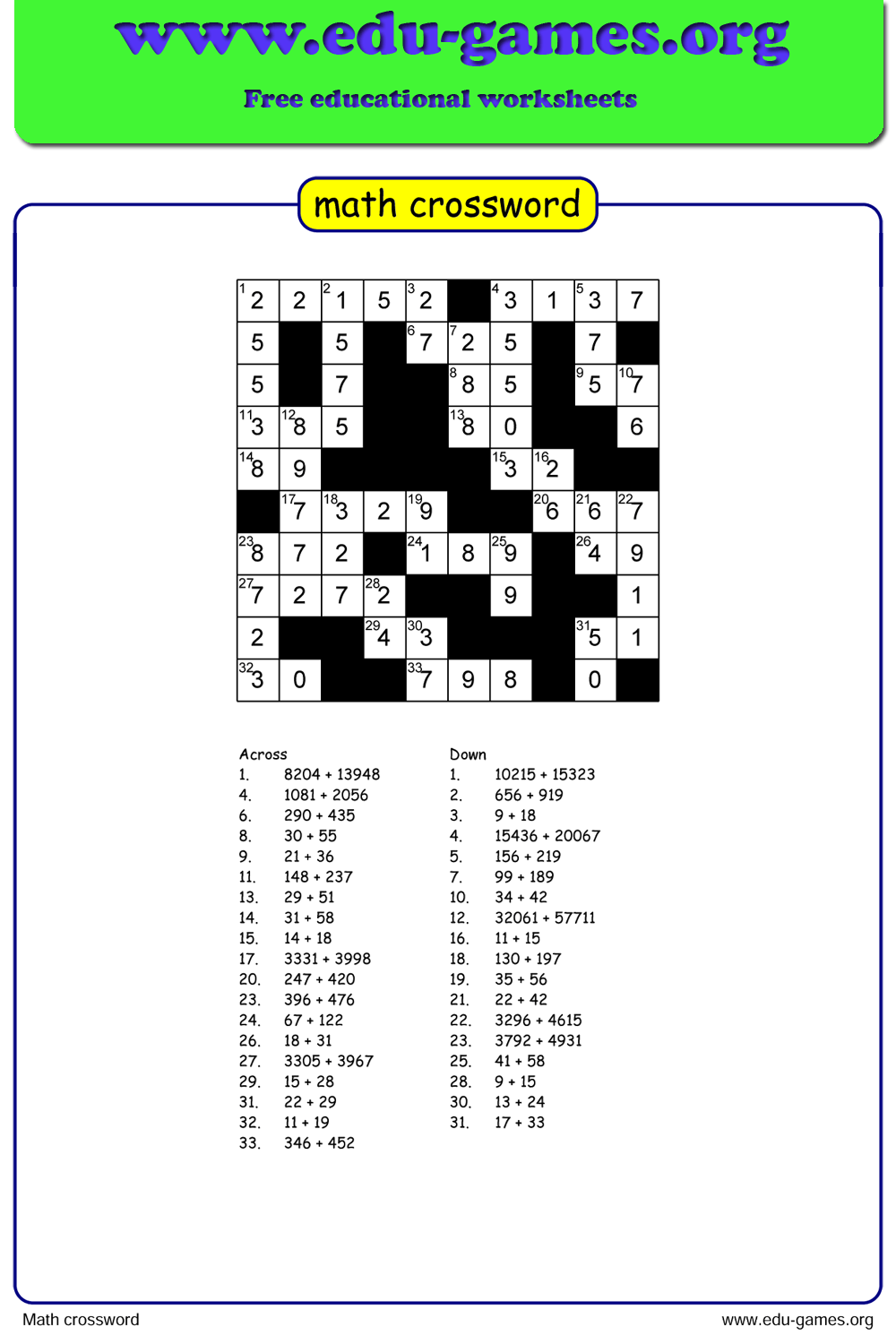 Math Crossword Puzzle Maker Free Printable Worksheet