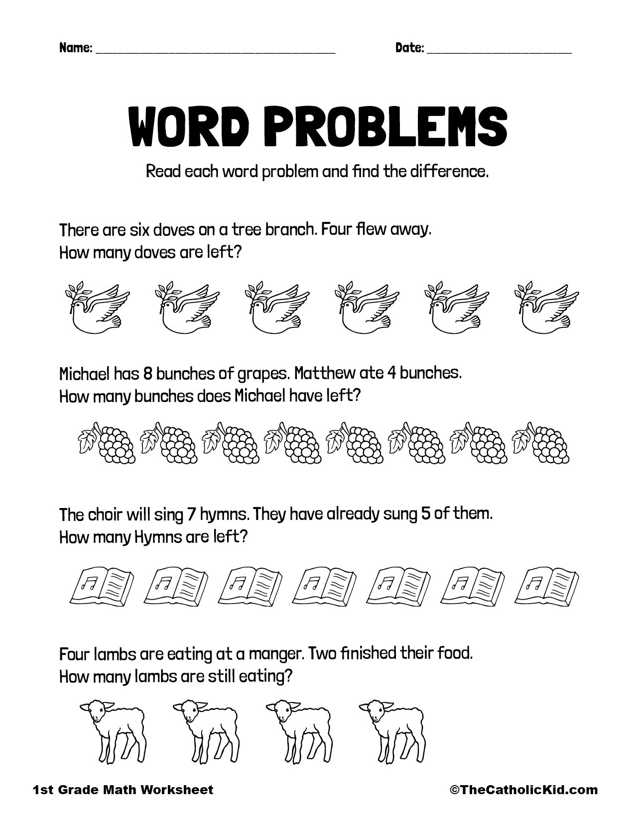 Math Word Problems 1st Grade Math Worksheet Catholic Themed