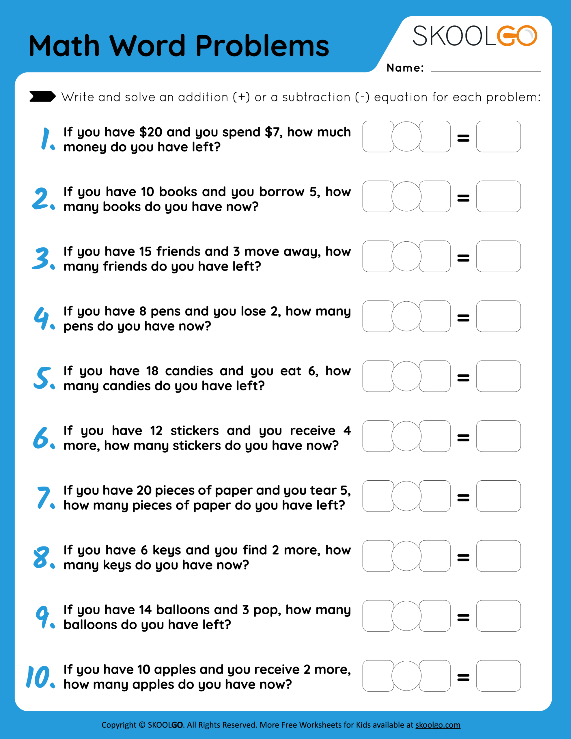 math story problem worksheets