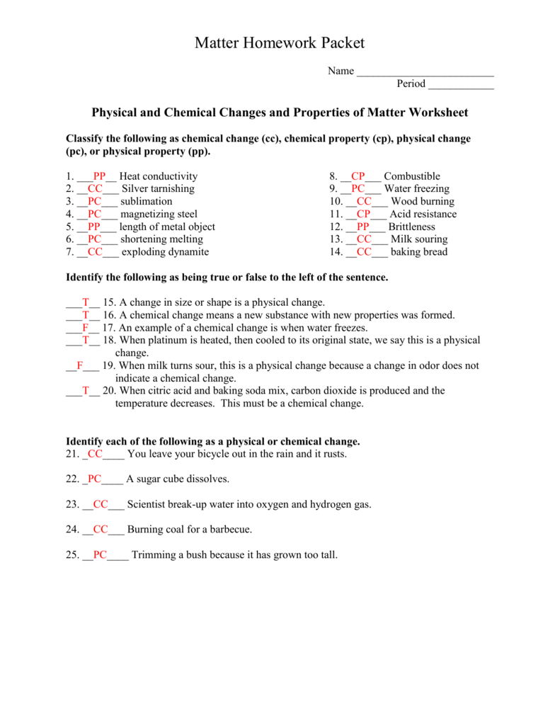 Matter Physical Chemical Changes Worksheet