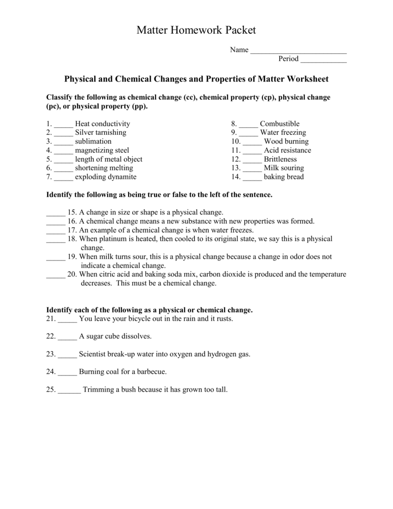 Matter Worksheet Physical Chemical Changes