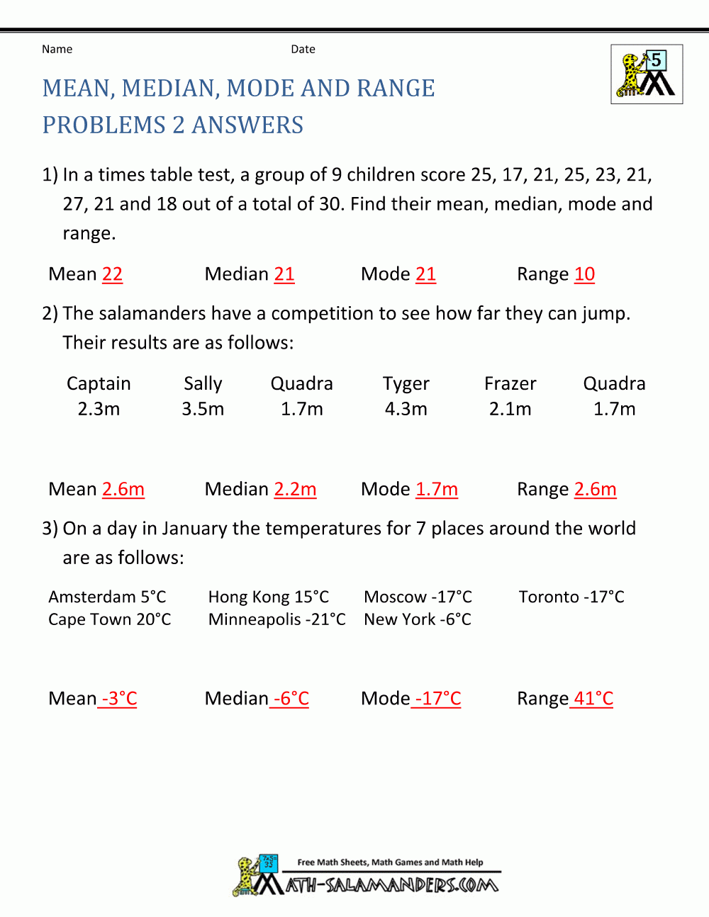 Mean Median Mode And Range Problems 2 Answers
