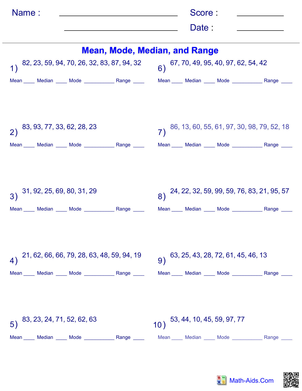 Mean Median Mode And Range Worksheet