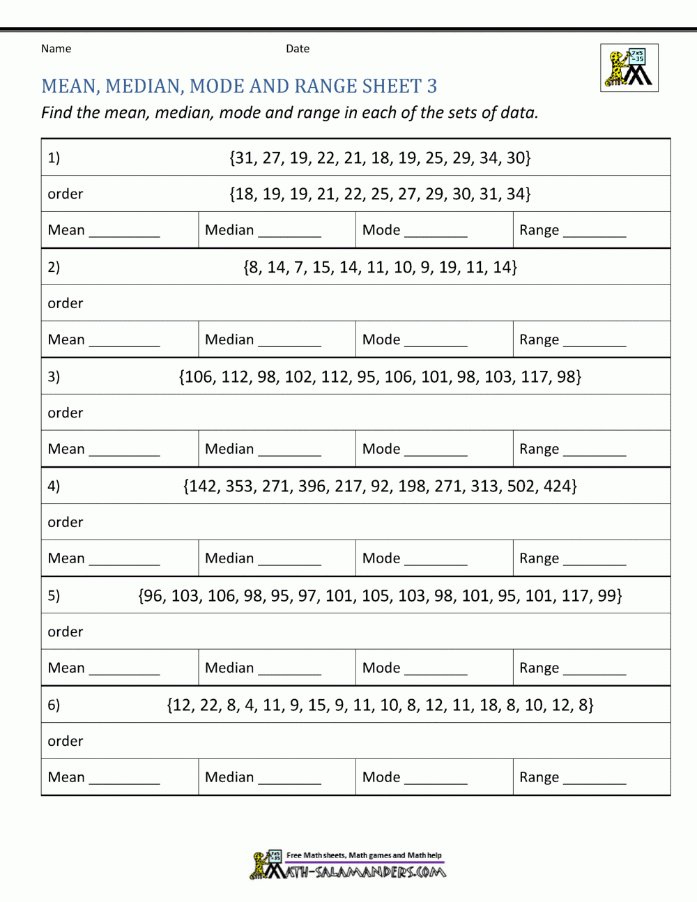 Mean Median Mode Range Worksheets