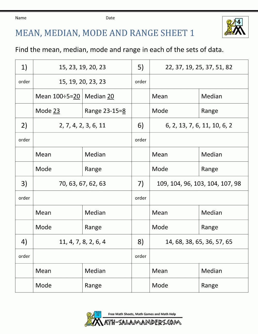 Mean Median Mode Range Worksheets For 4th Grade Math