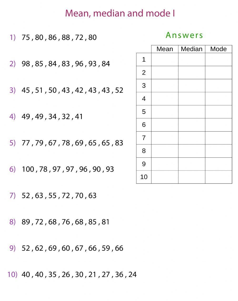 mode mean and median worksheets