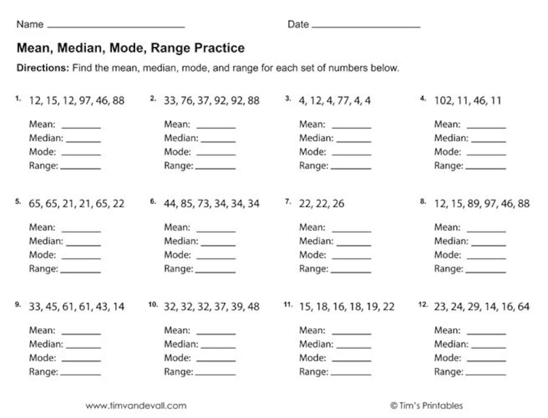 median mean mode worksheet