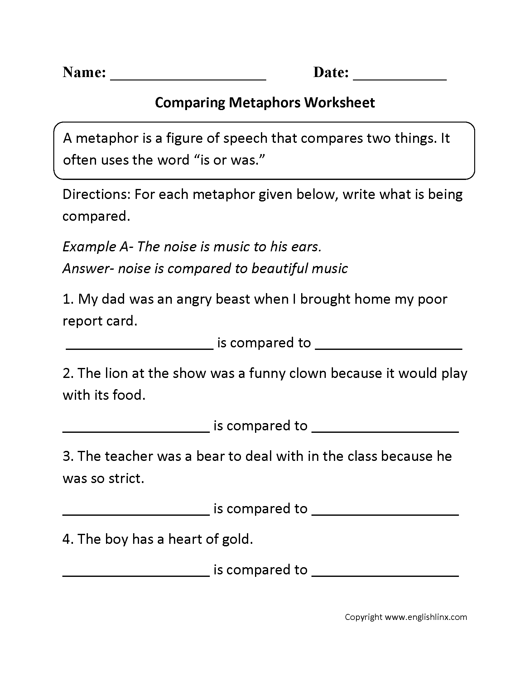 Metaphors Worksheets Free Figurative Language Practice