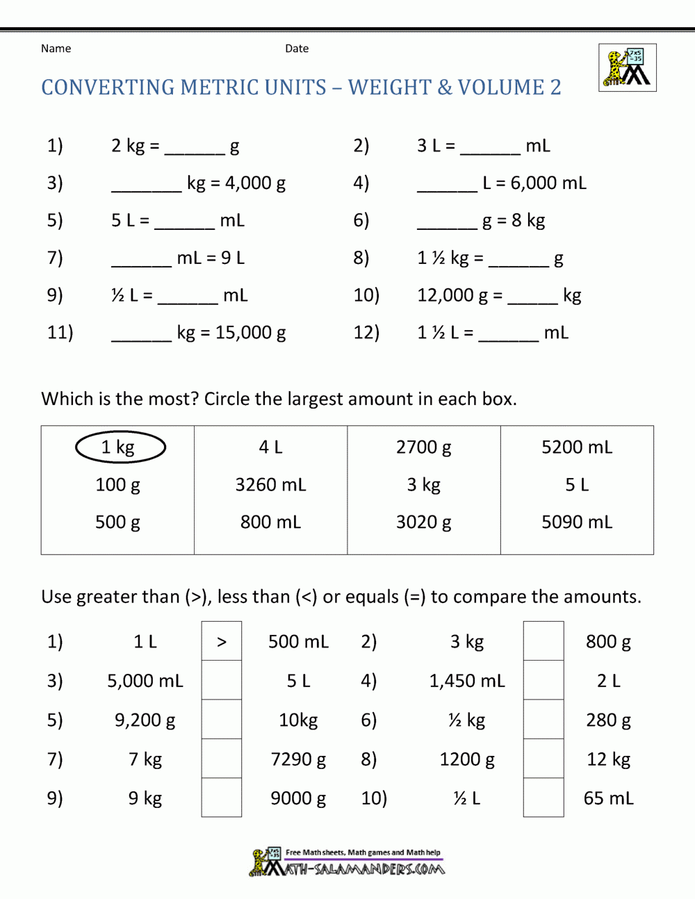 Metric Conversion Worksheet Metric Conversion Worksheet
