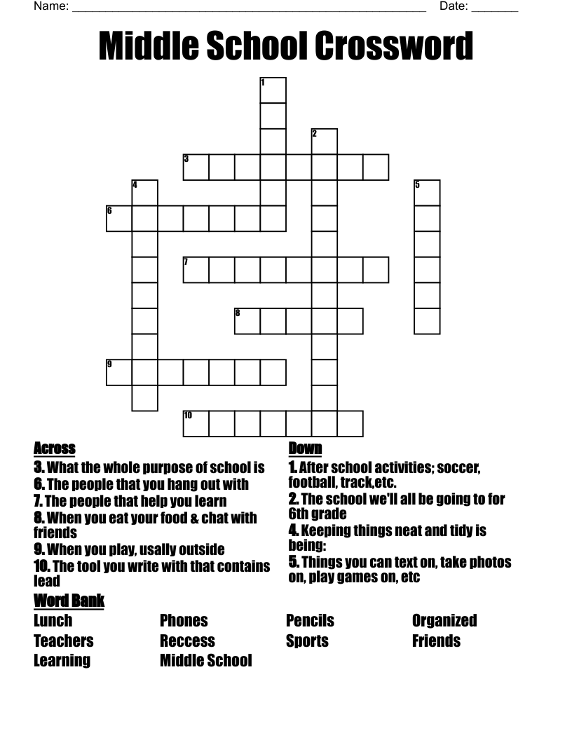 Middle School Crossword WordMint Middle School Crossword WordMint
