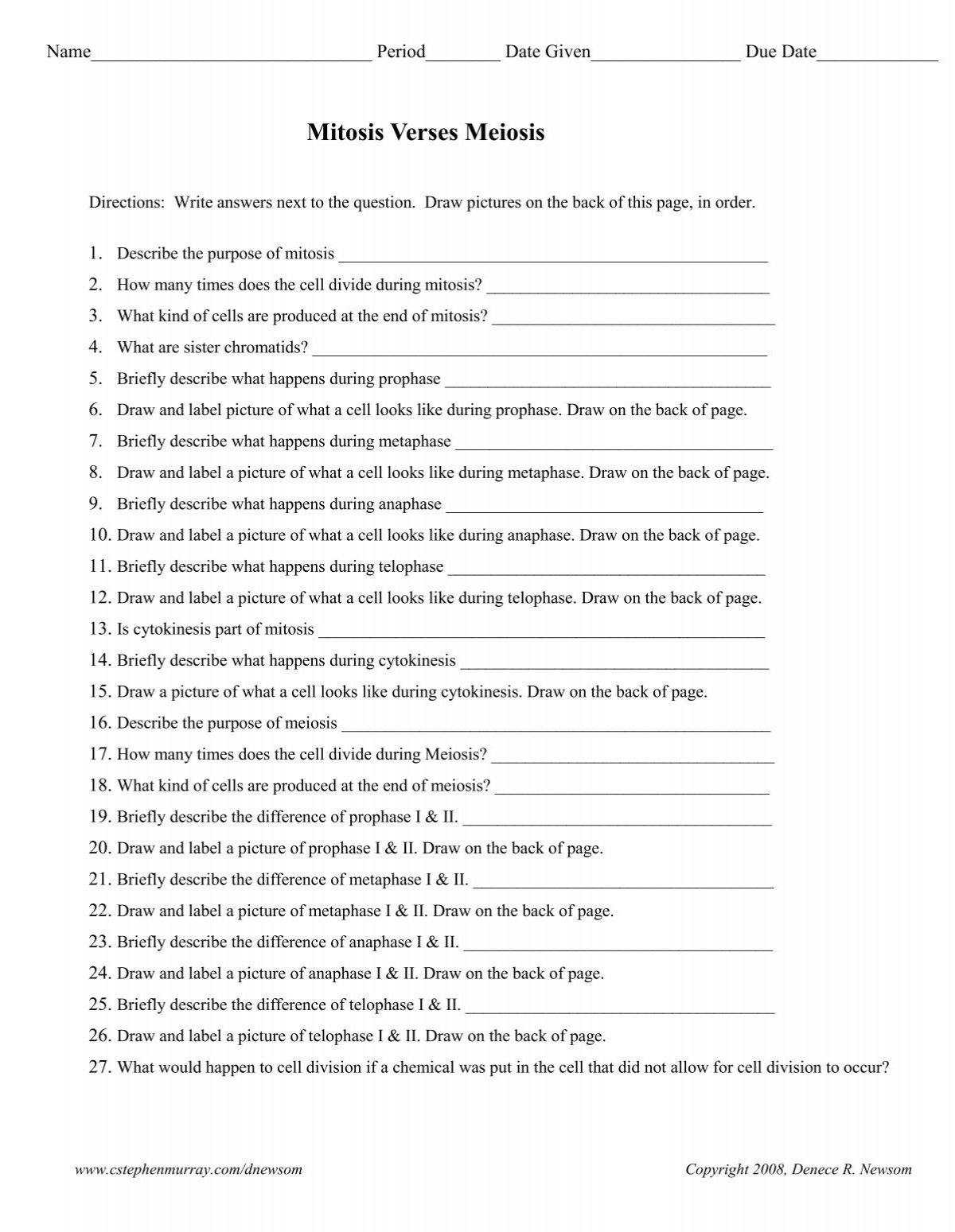 Mitosis Meiosis Worksheet
