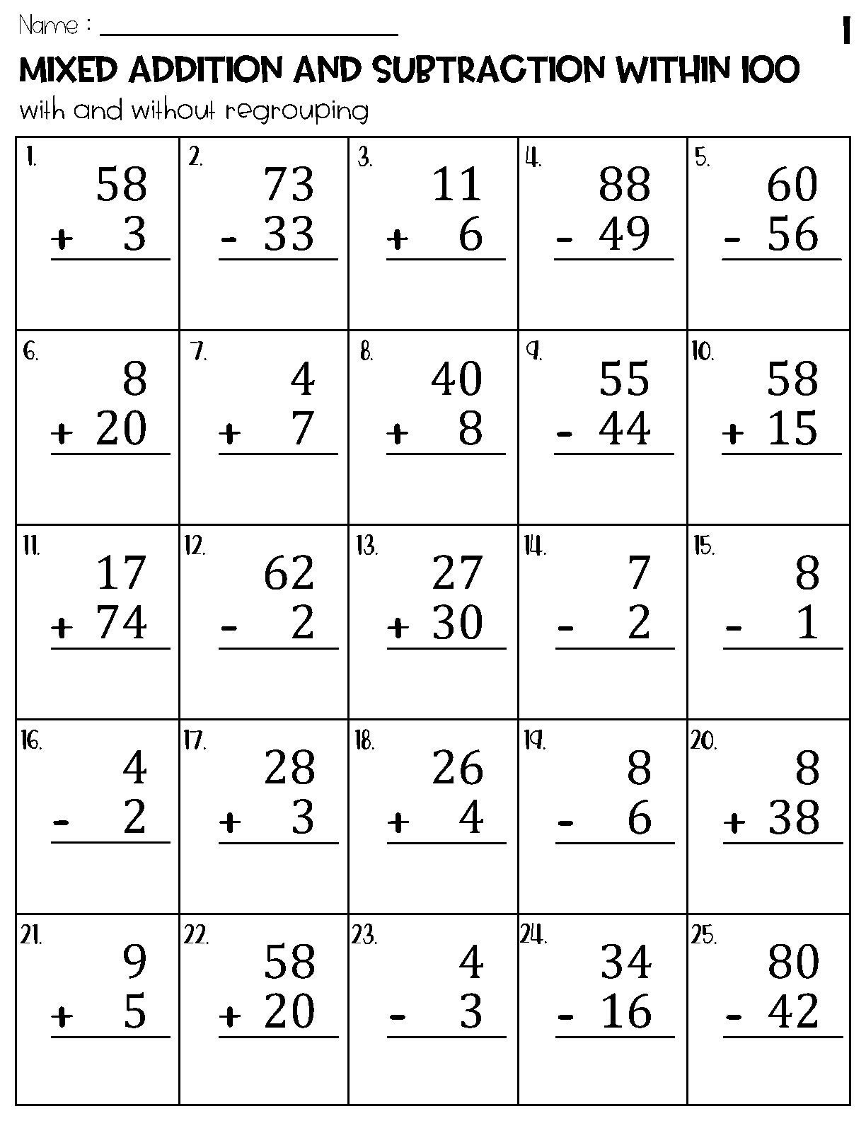 Mixed Addition And Subtraction Within 100 Worksheets Etsy