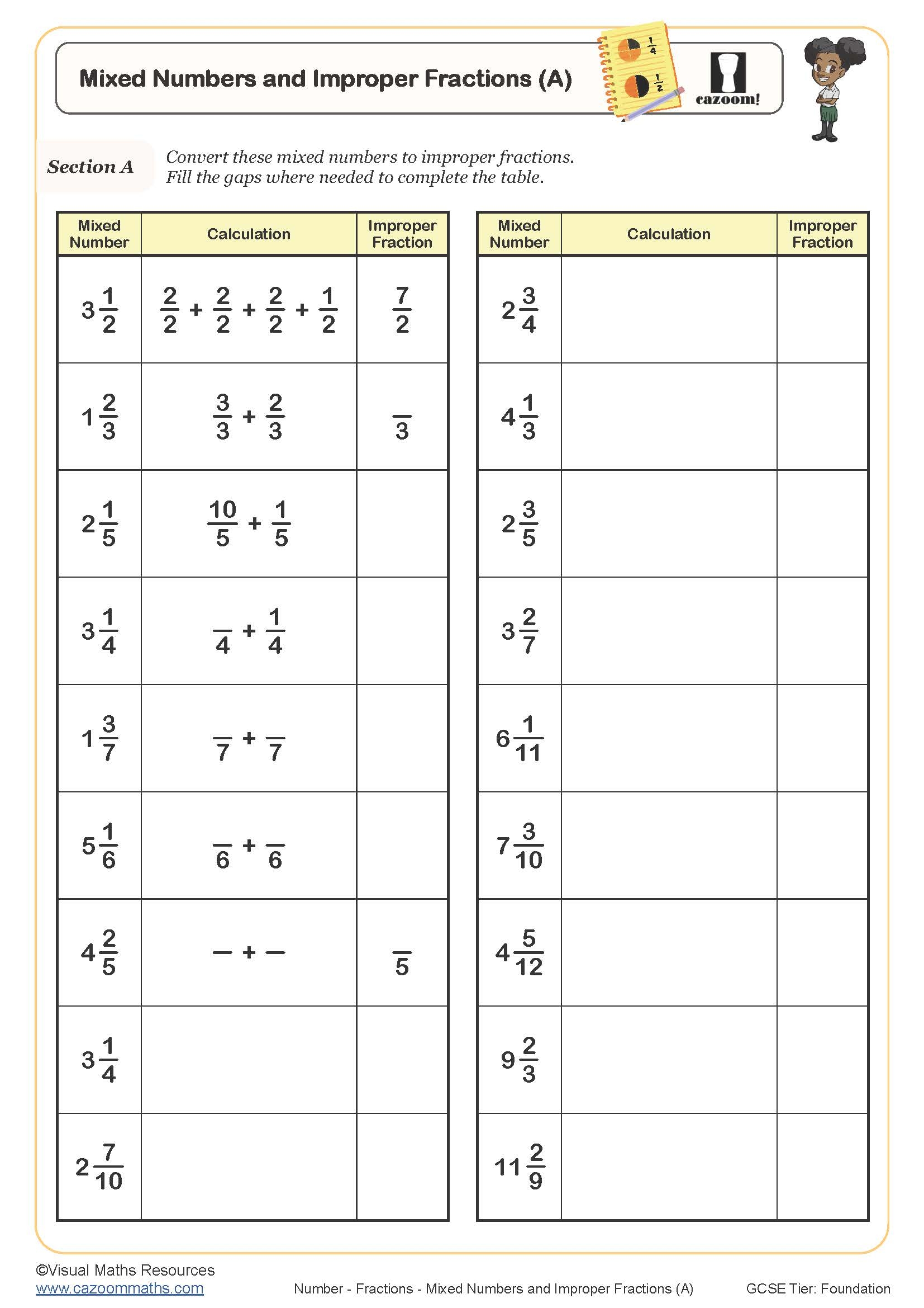 converting mixed numbers to improper fractions worksheet