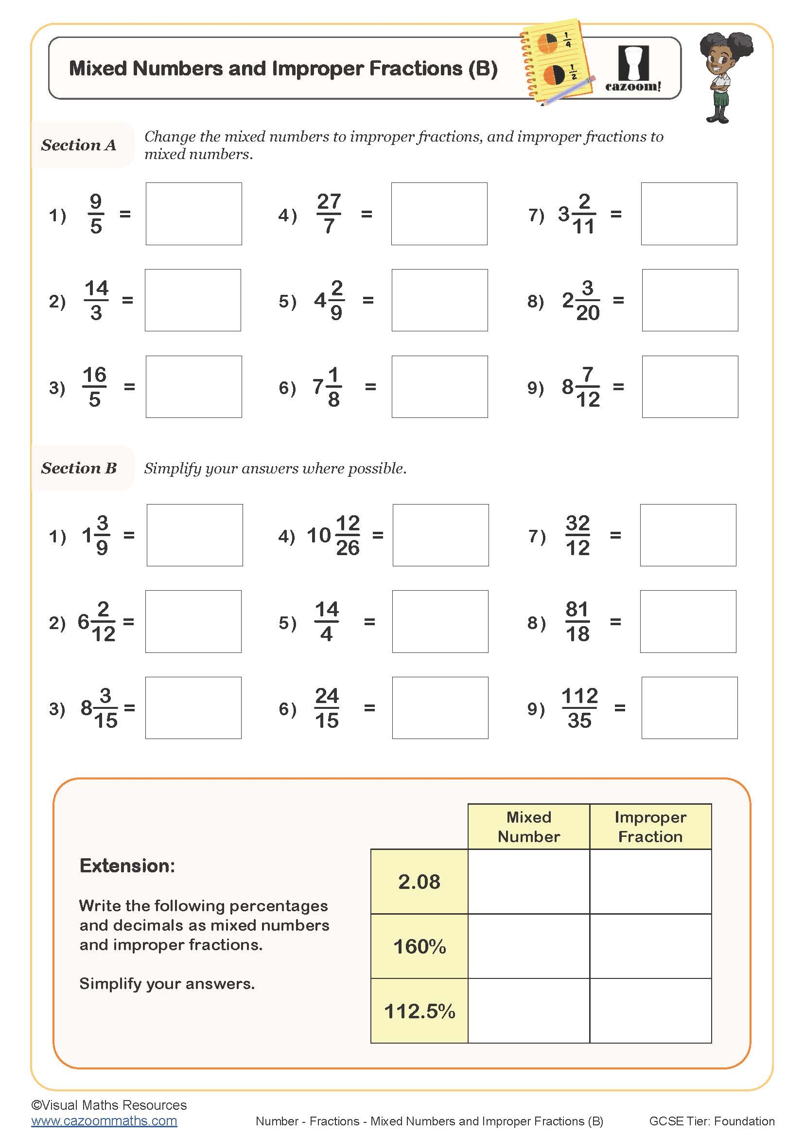 converting improper fractions to mixed numbers worksheet