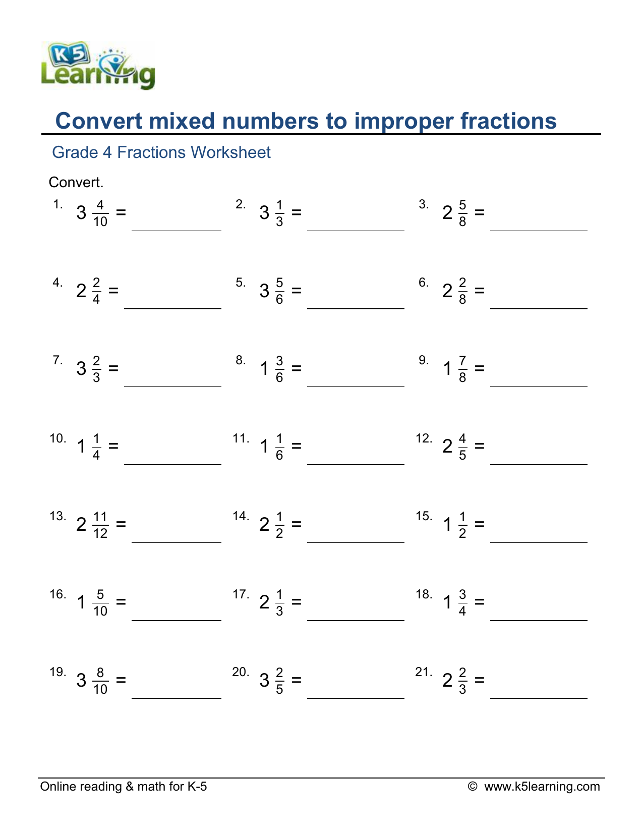 improper fractions to mixed numbers worksheet