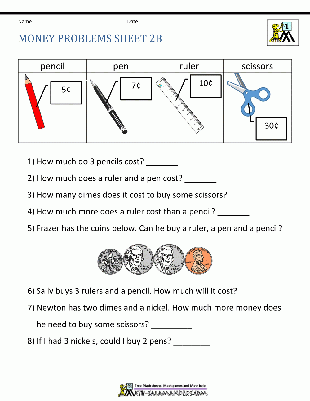 Money Worksheets For First Grade