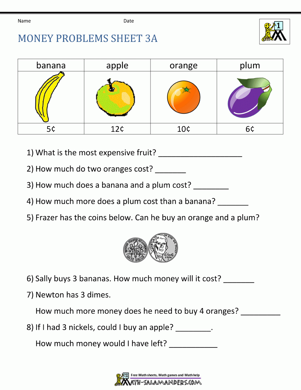 Money Worksheets For First Grade