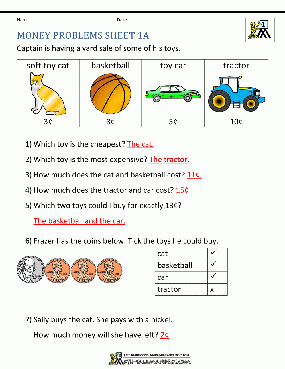 Money Worksheets For First Grade