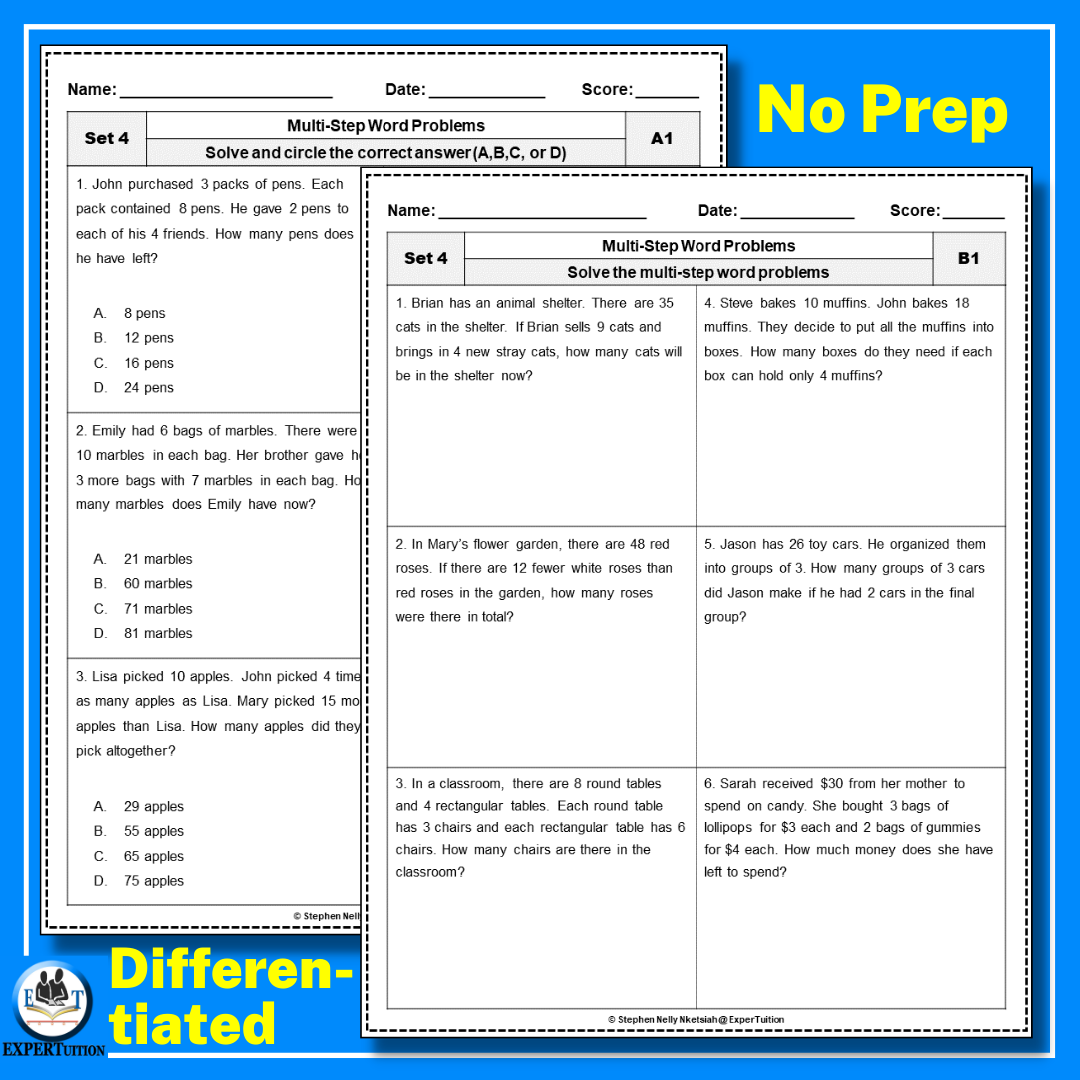 Multi Step Word Problems Worksheets Addition Subtraction Multiplication And Division Word Problems SET 4 Classful