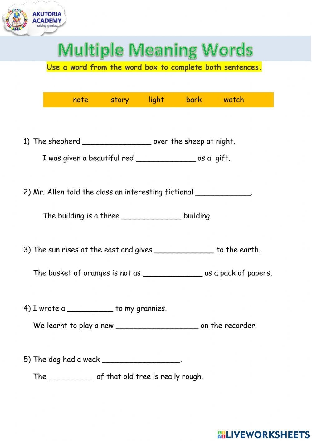 Multiple Meaning Words Interactive Exercise For Grade 2 Live Worksheets Library