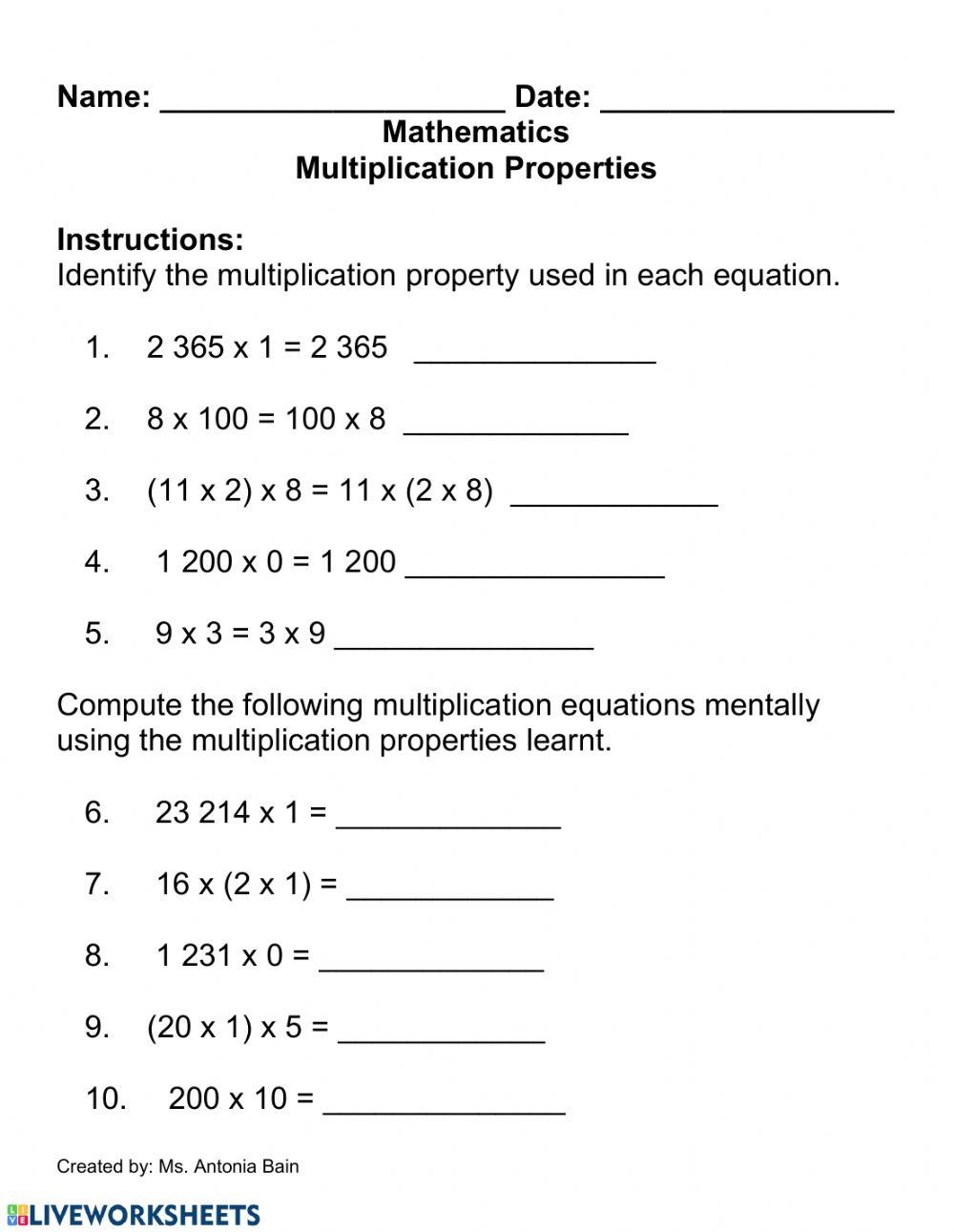 Multiplication Properties Worksheet Worksheets Library