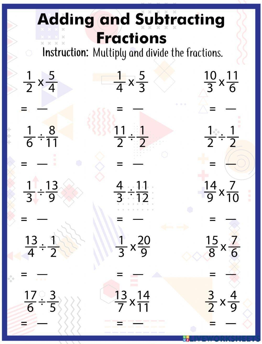 fraction division and multiplication worksheets