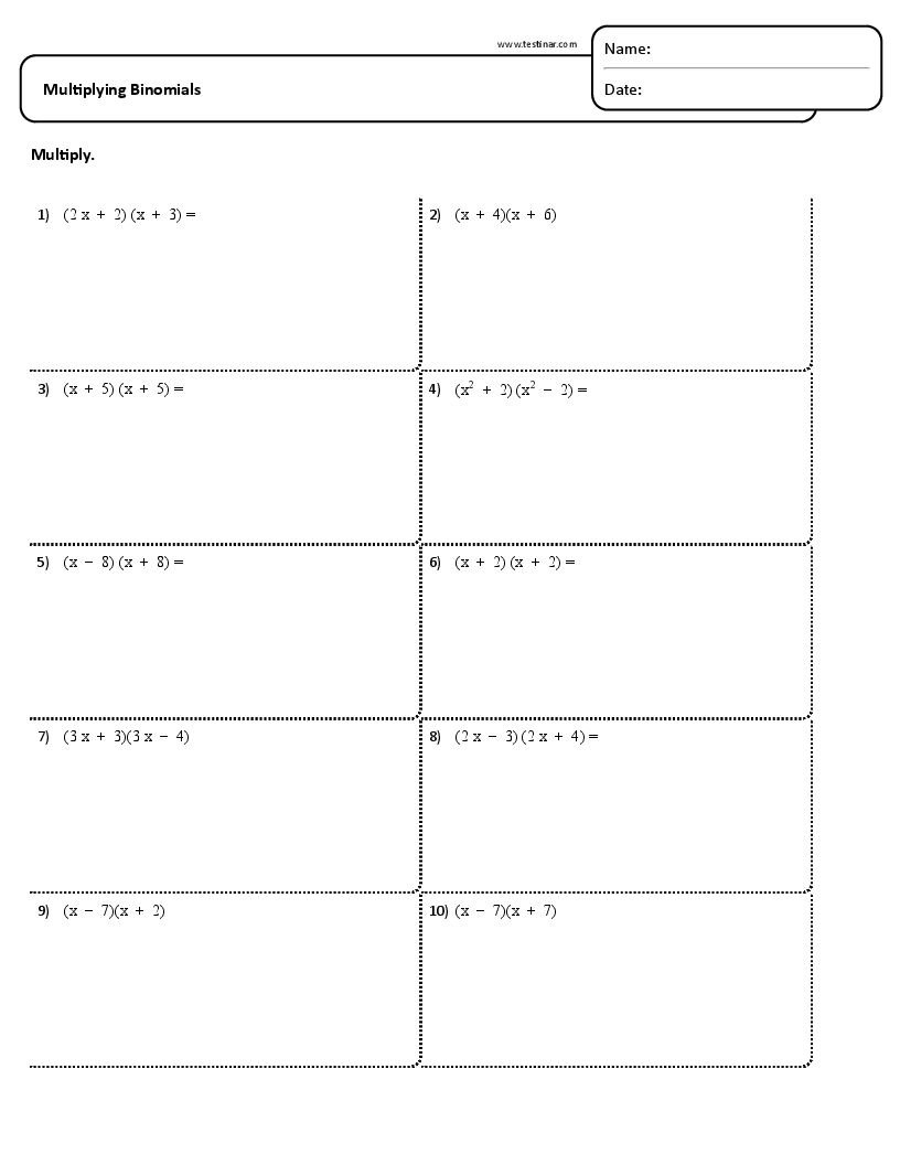 Multiplying Binomials Worksheets Multiplying Binomials Worksheets