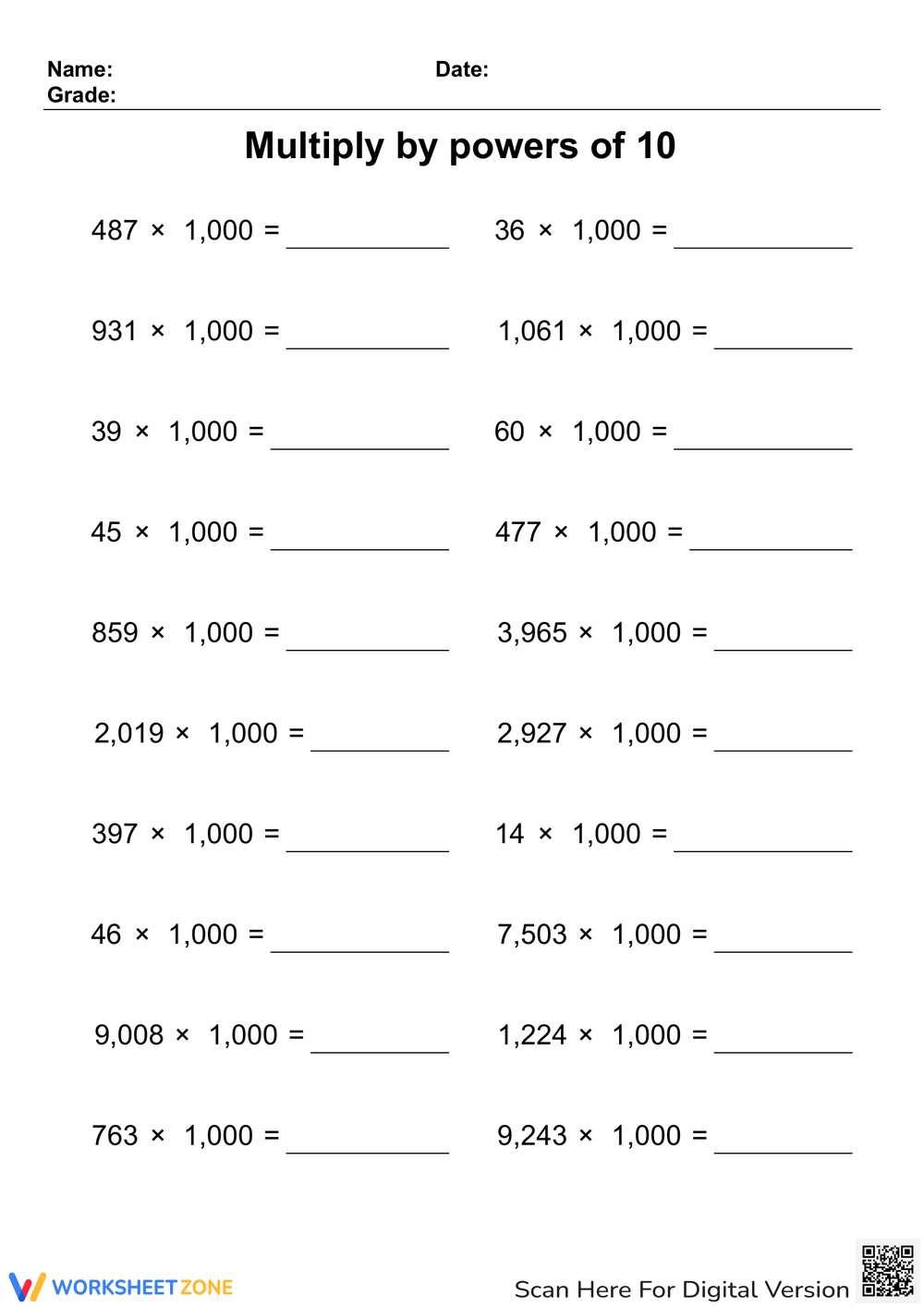 Multiplying By Powers Of 10 Worksheets Printable