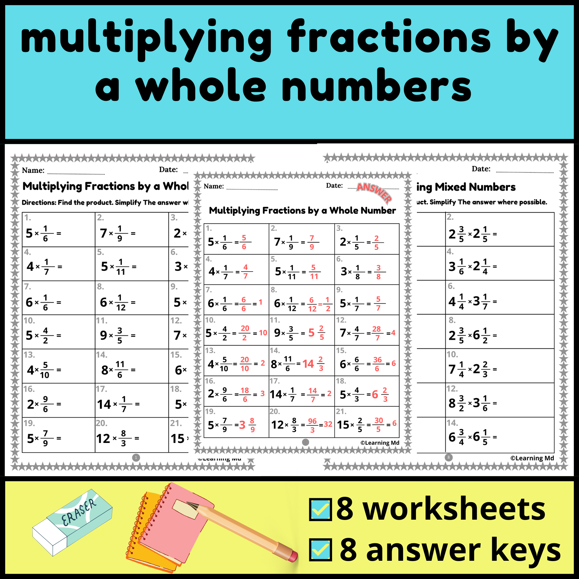 Multiplying Fractions By A Whole Numbers Fractions Mixed Numbers Worksheets Made By Teachers