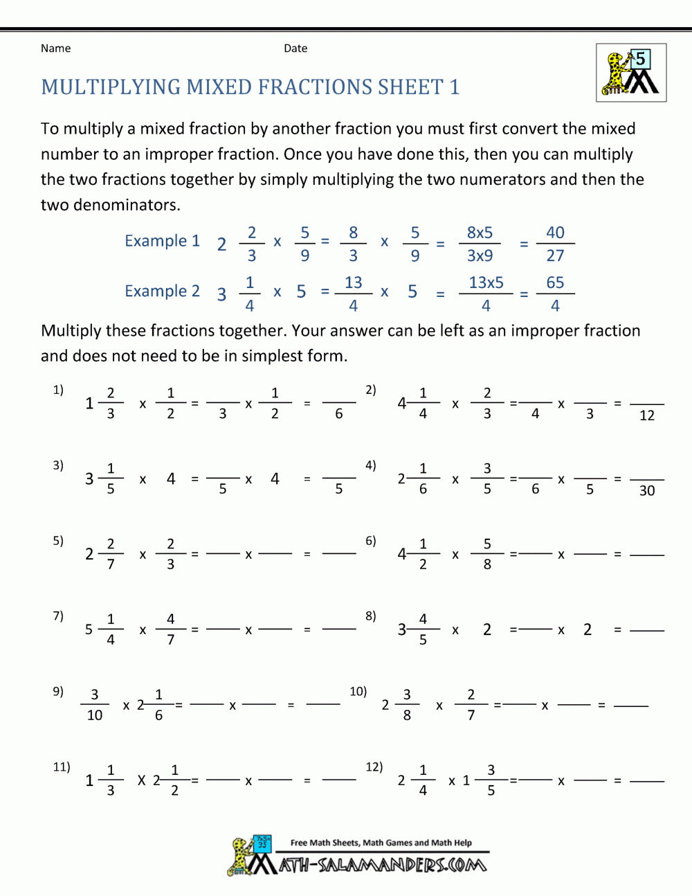 multiplying fractions with whole numbers worksheets