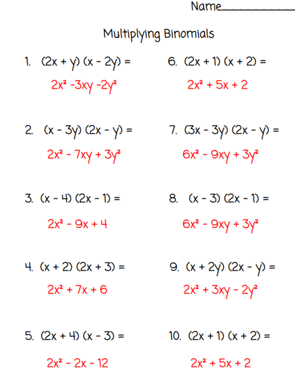 binomial times binomial worksheet