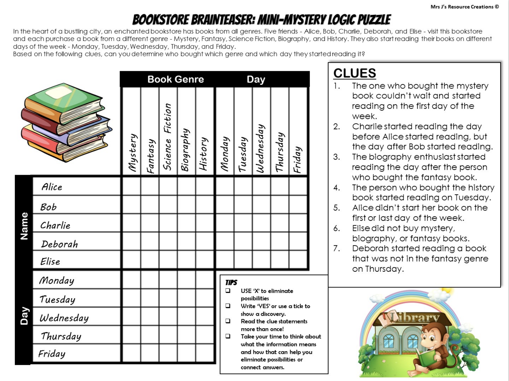 Mystery Logic Puzzle Brain Teaser Worksheet Activity Free 19 Book Week