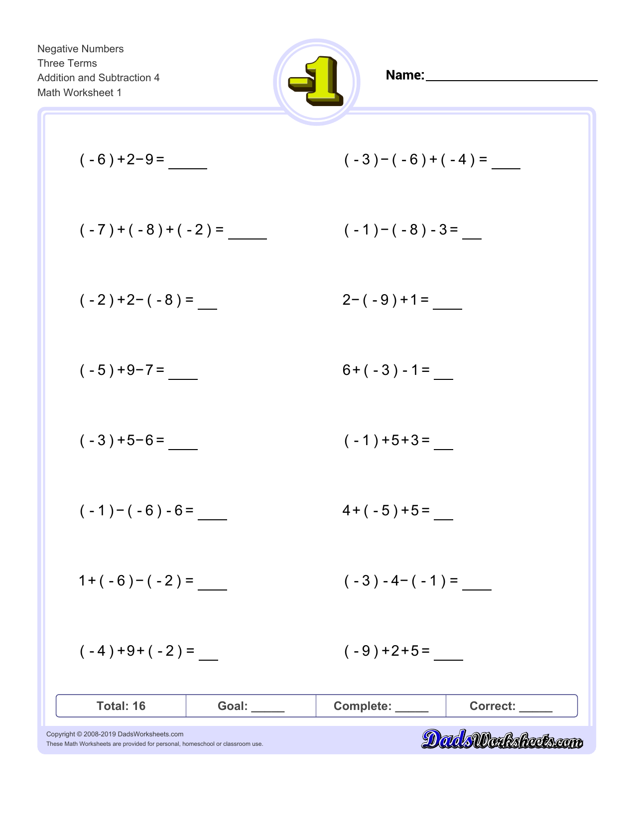 Negative Number Addition Subtraction Worksheet